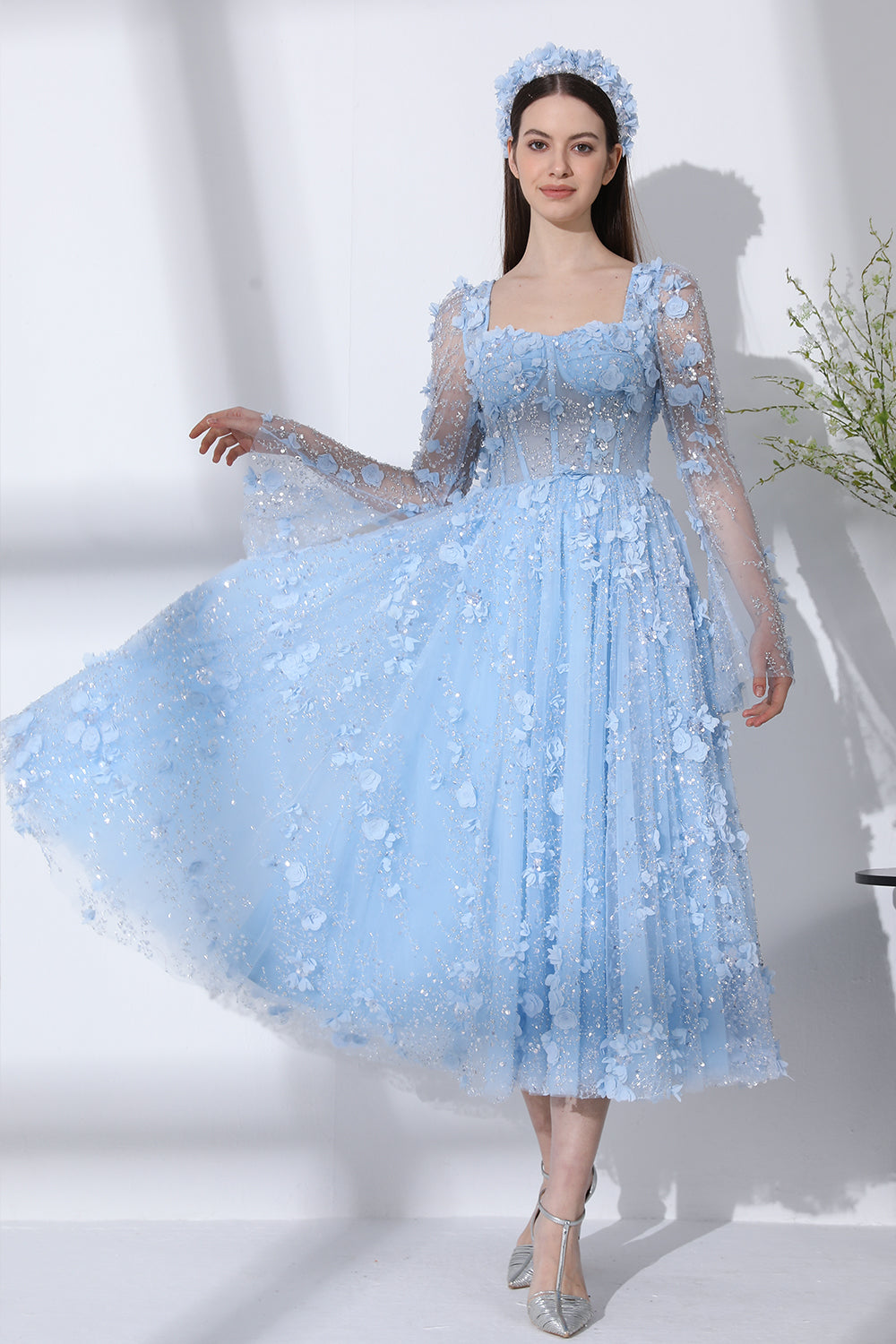 MissJophiel Long Sleeves Corset Sky Blue 3D Floral Beaded Dress