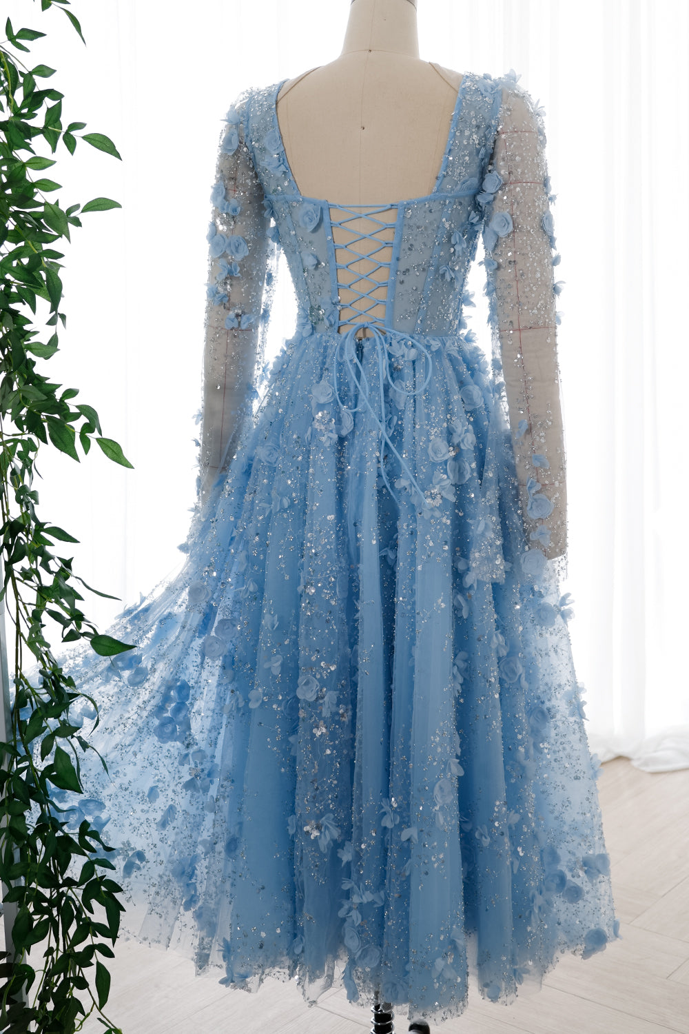 MissJophiel Long Sleeves Corset Sky Blue 3D Floral Beaded Dress