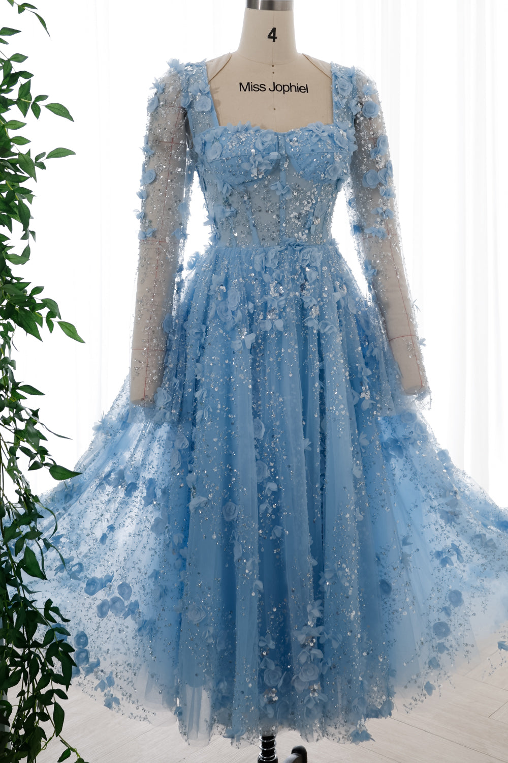 Long Sleeves Corset Sky Blue 3D Floral Beaded Dress