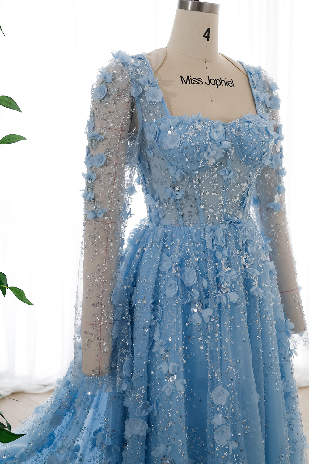 Long Sleeves Corset Sky Blue 3D Floral Beaded Dress