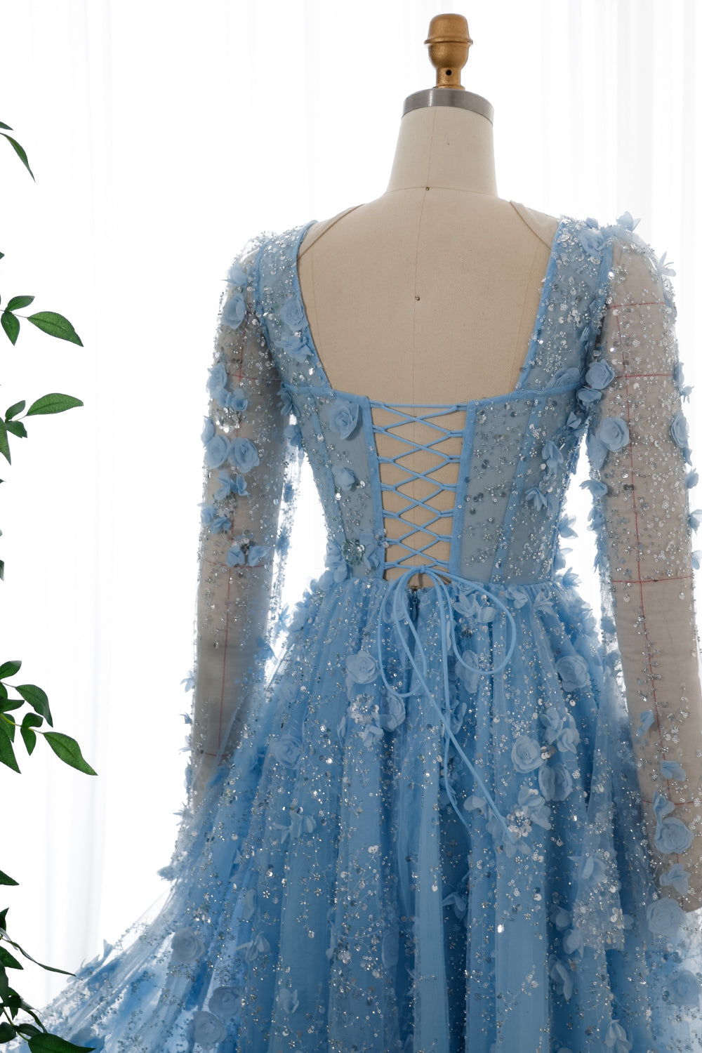 Long Sleeves Corset Sky Blue 3D Floral Beaded Dress