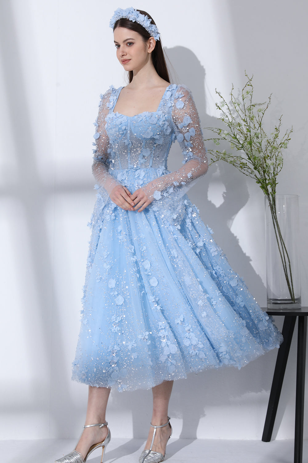 MissJophiel Long Sleeves Corset Sky Blue 3D Floral Beaded Dress Sky Blue / Tea Length / US6