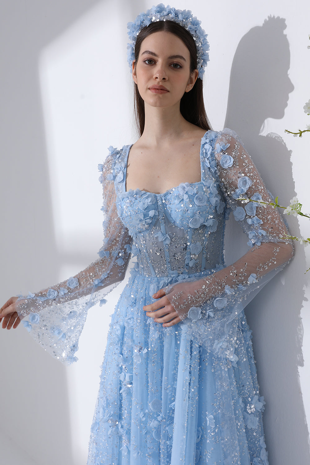 MissJophiel Long Sleeves Corset Sky Blue 3D Floral Beaded Dress Other / Tea Length / US14