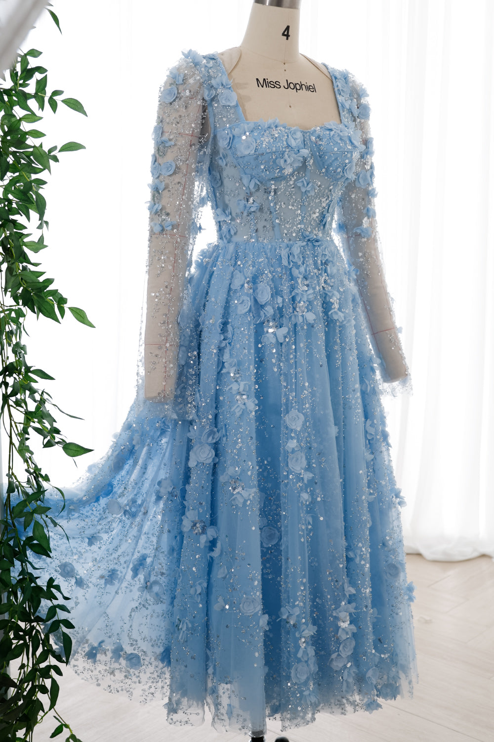 MissJophiel Long Sleeves Corset Sky Blue 3D Floral Beaded Dress