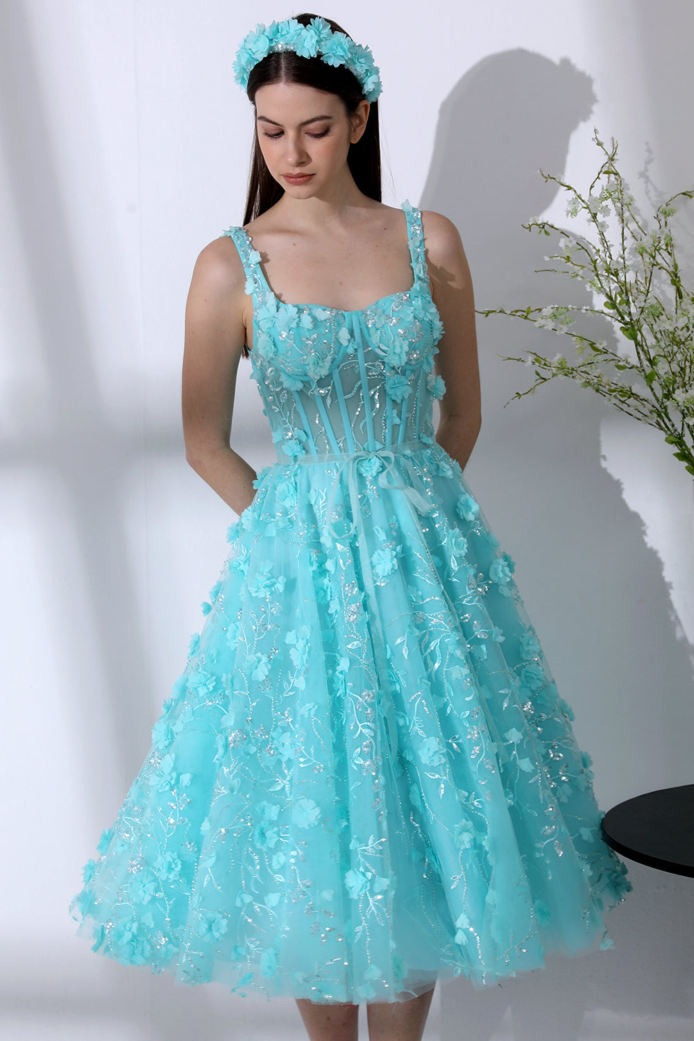 MissJophiel Straps Scoop Neck Corset 3D Floral Beaded Dress
