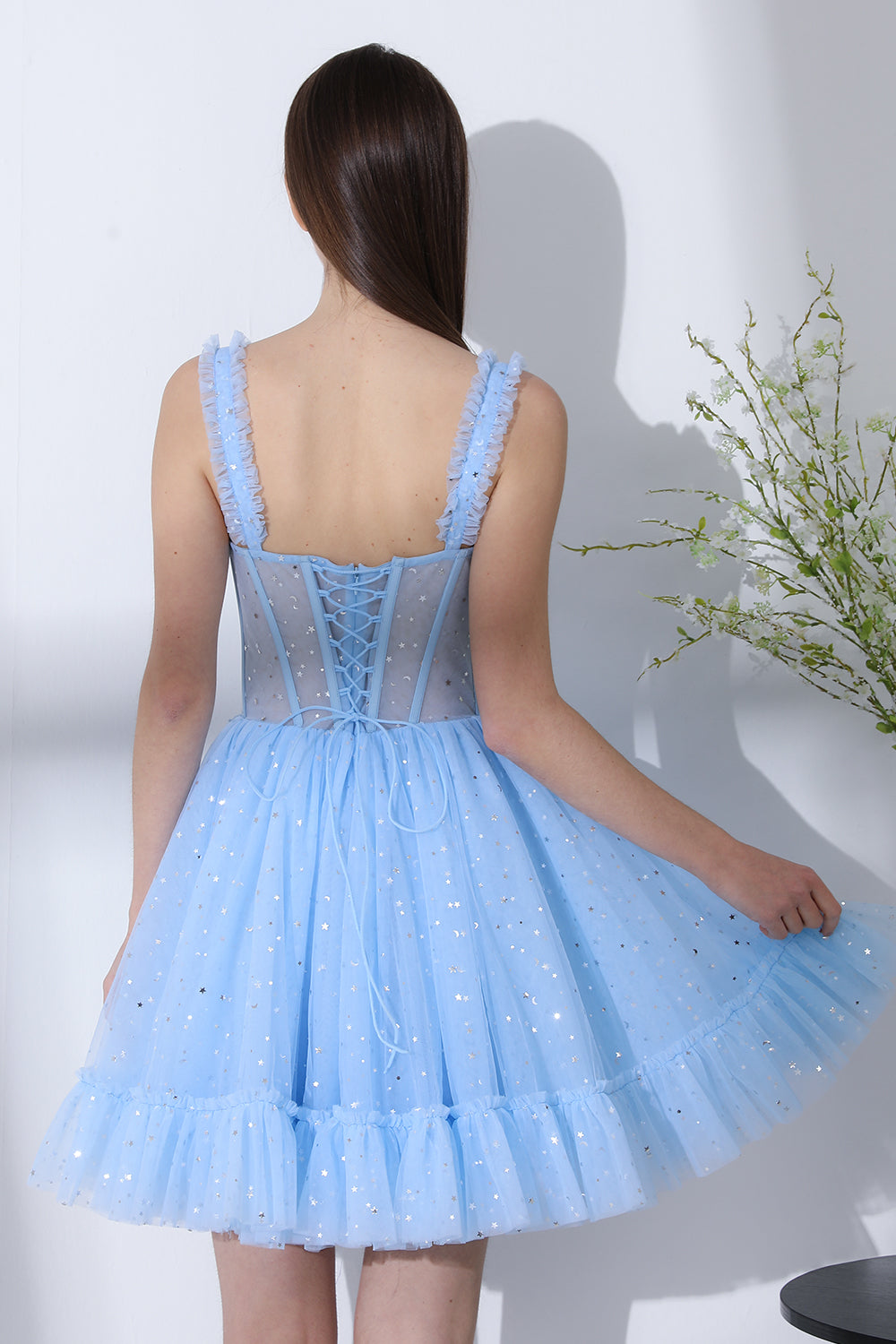 MissJophiel Corset V Neck Sleeveless Star Tulle Mini Dress with Ruffles Sky Blue / Above Knee / US6 MissJophiel Corset V Neck Sleeveless Star Tulle Mini Dress with Ruffles Sky Blue / Above Knee / US6