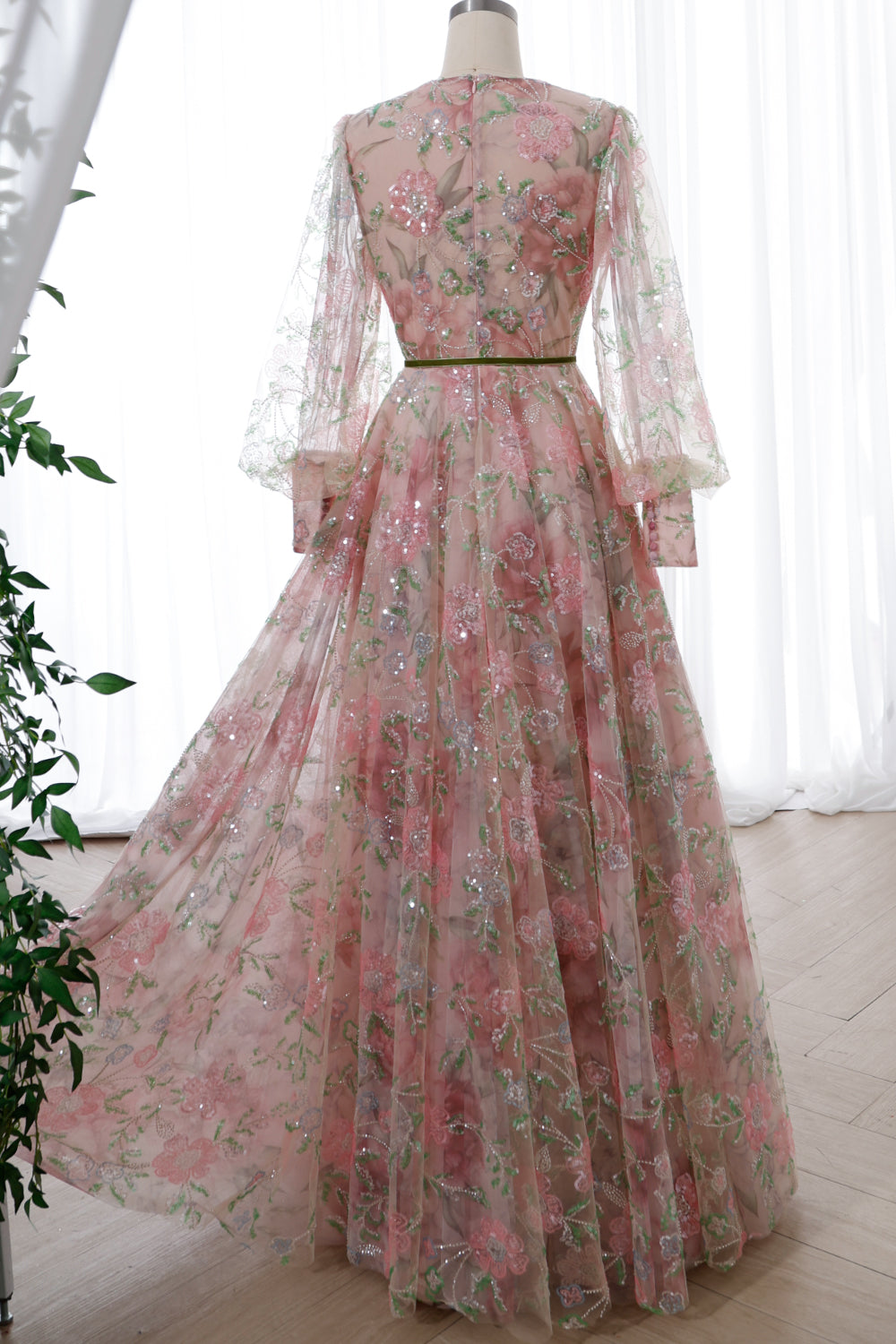 MissJophiel Long Sleeves Floral Beaded Tulle Dress