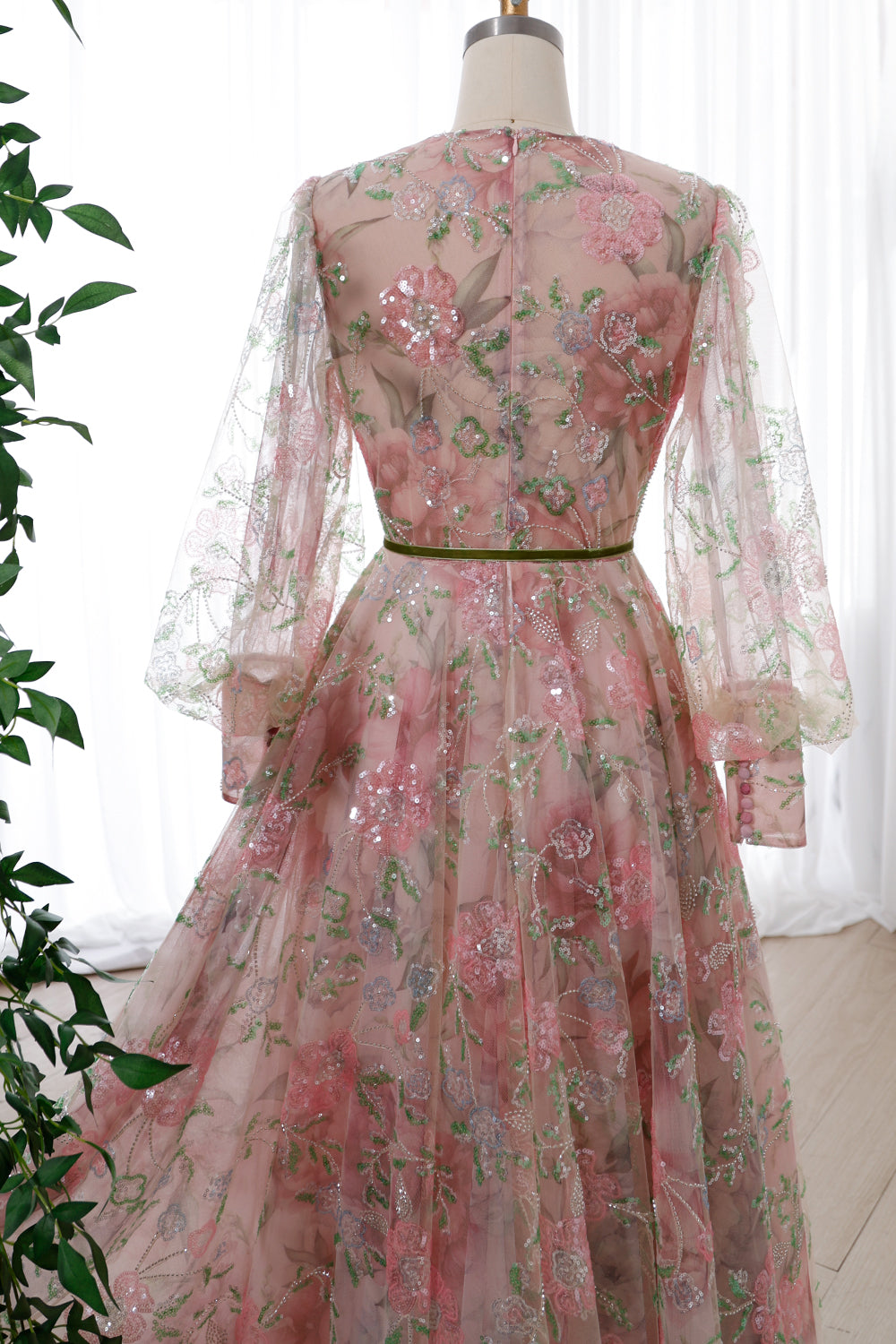 Long Sleeves Floral Beaded Tulle Dress