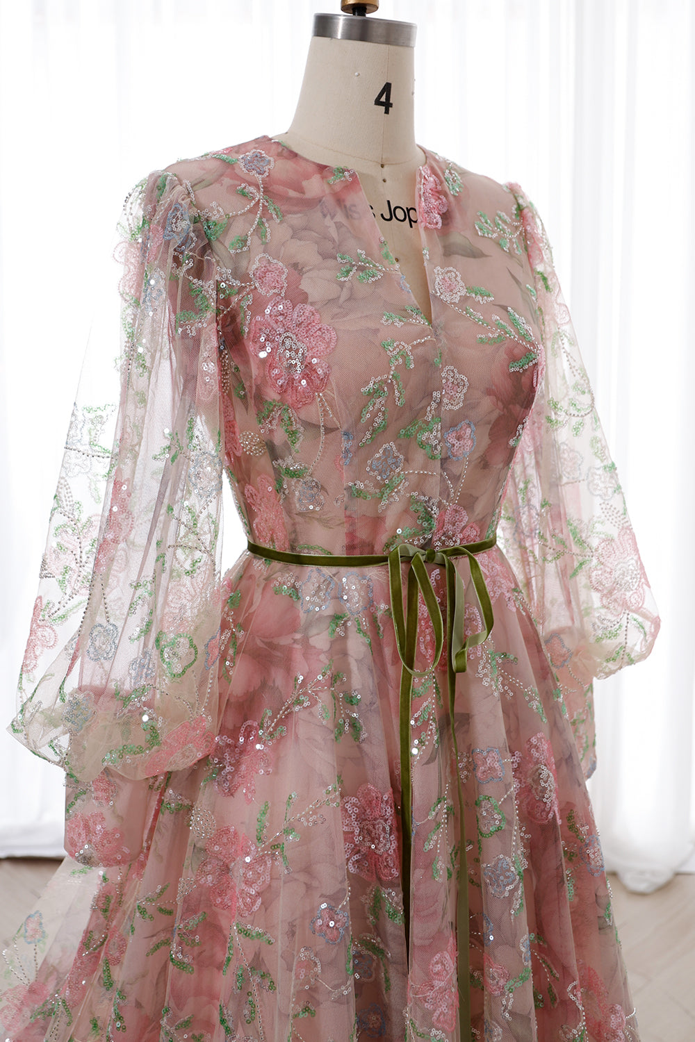 Long Sleeves Floral Beaded Tulle Dress