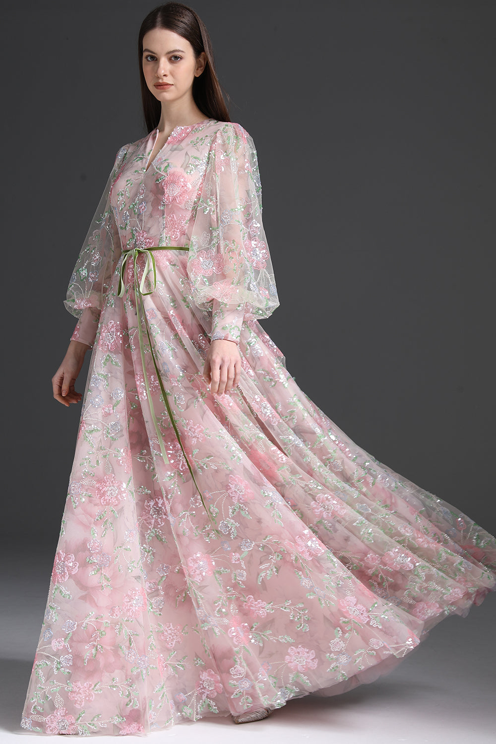 Long Sleeves Tulle Dresses with Appliqued Peach