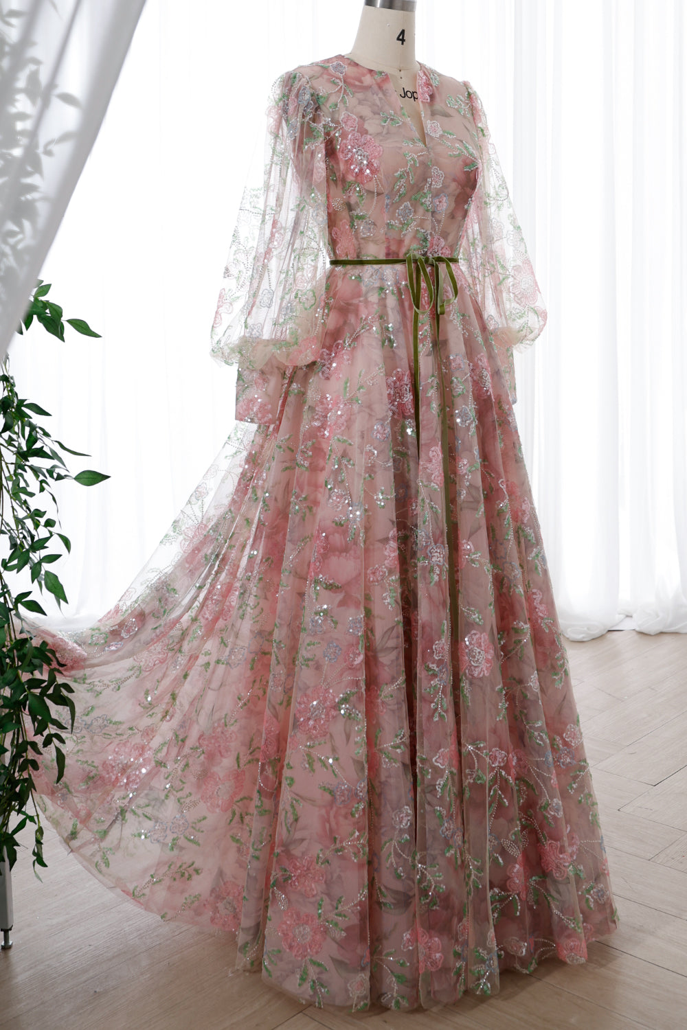 MissJophiel Long Sleeves Floral Beaded Tulle Dress