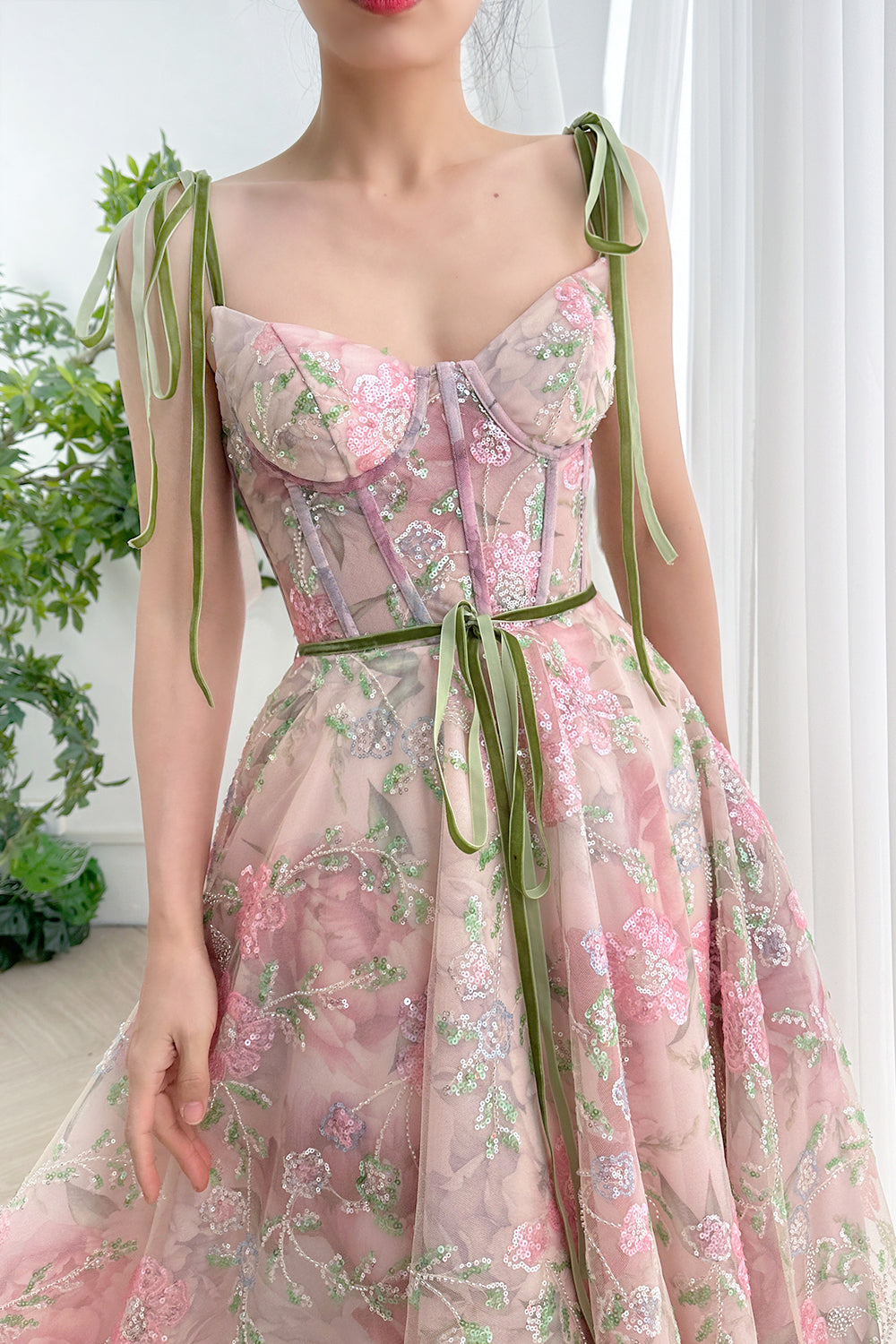 MissJophiel Corset V Neck Floral Beaded Tulle Dress with Tie Straps