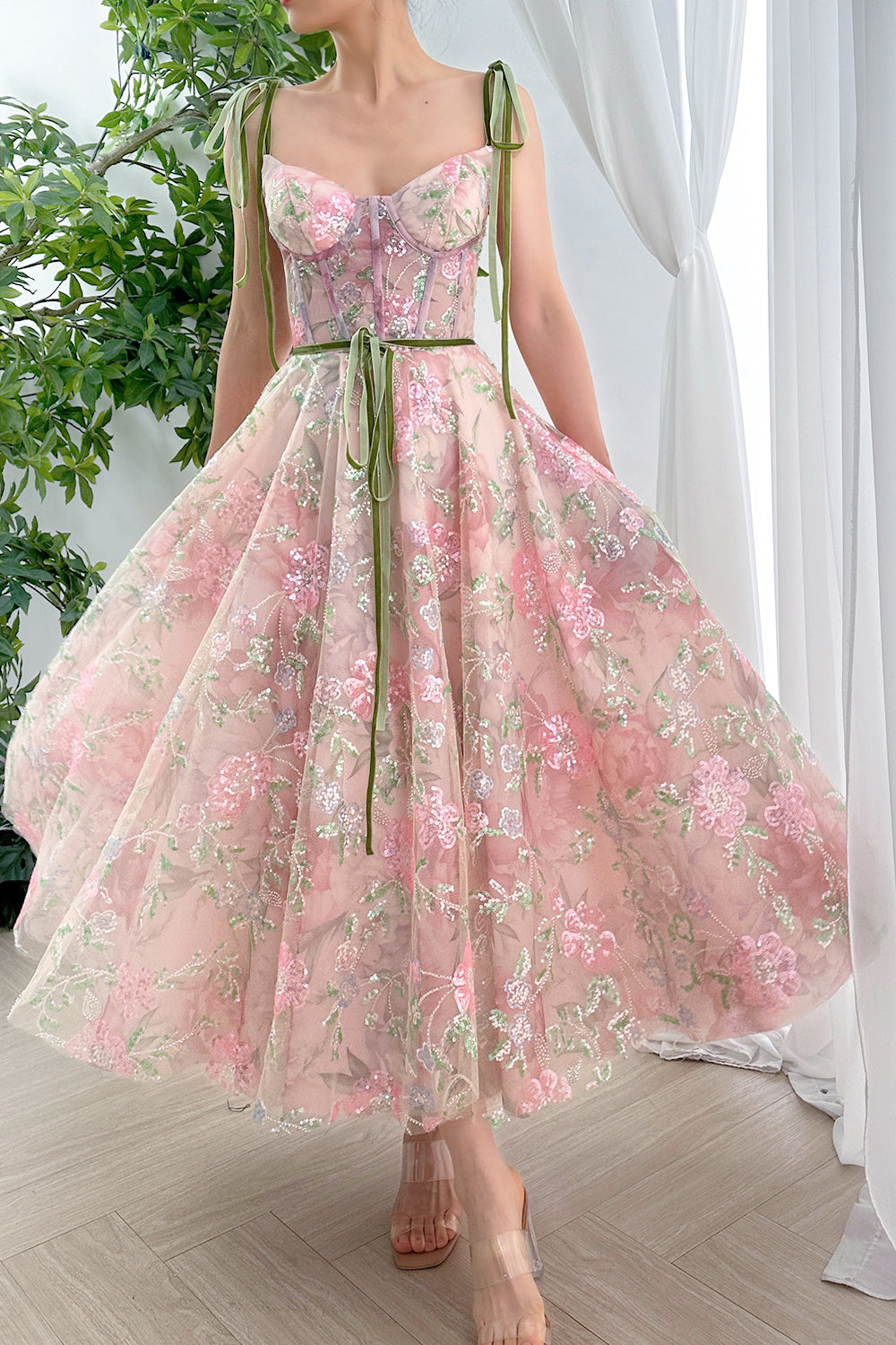 MissJophiel Corset V Neck Floral Beaded Tulle Dress with Tie Straps
