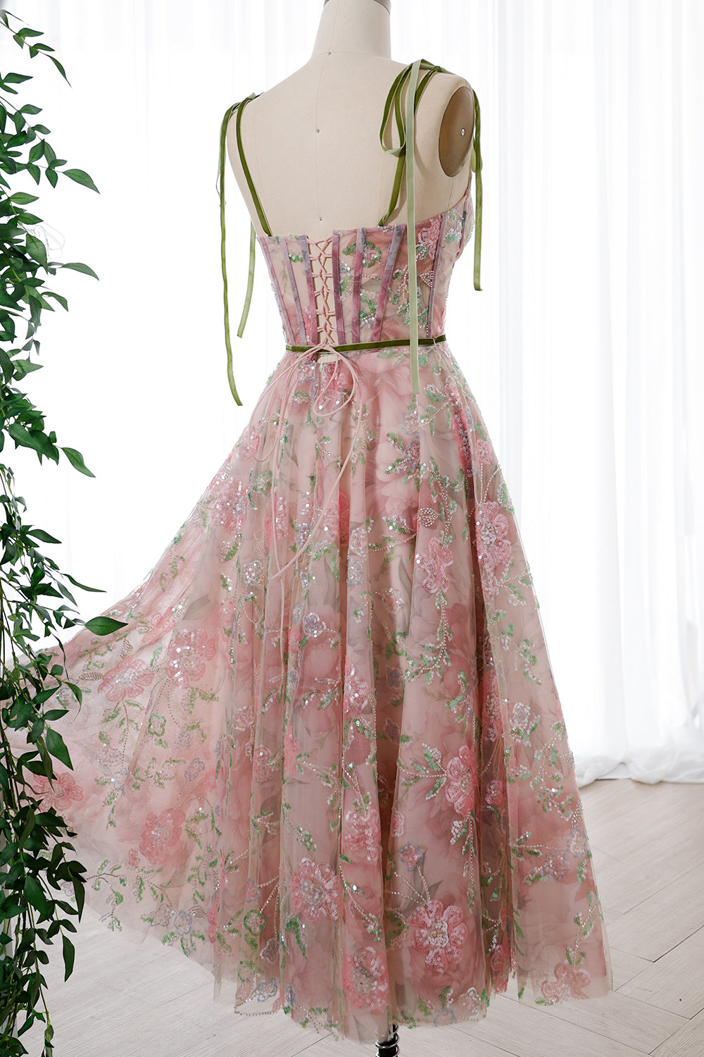 MissJophiel Corset V Neck Floral Beaded Tulle Dress with Tie Straps