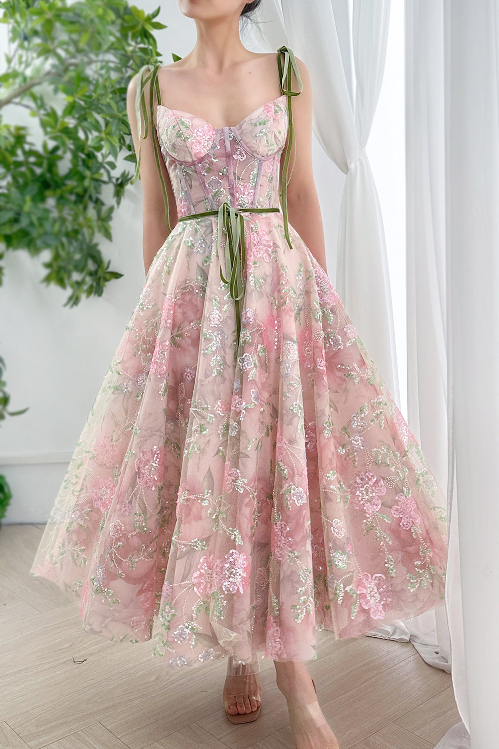 MissJophiel Pink Corset V Neck Floral Beaded Tulle Midi Prom Homecoming Dress with Tie Straps