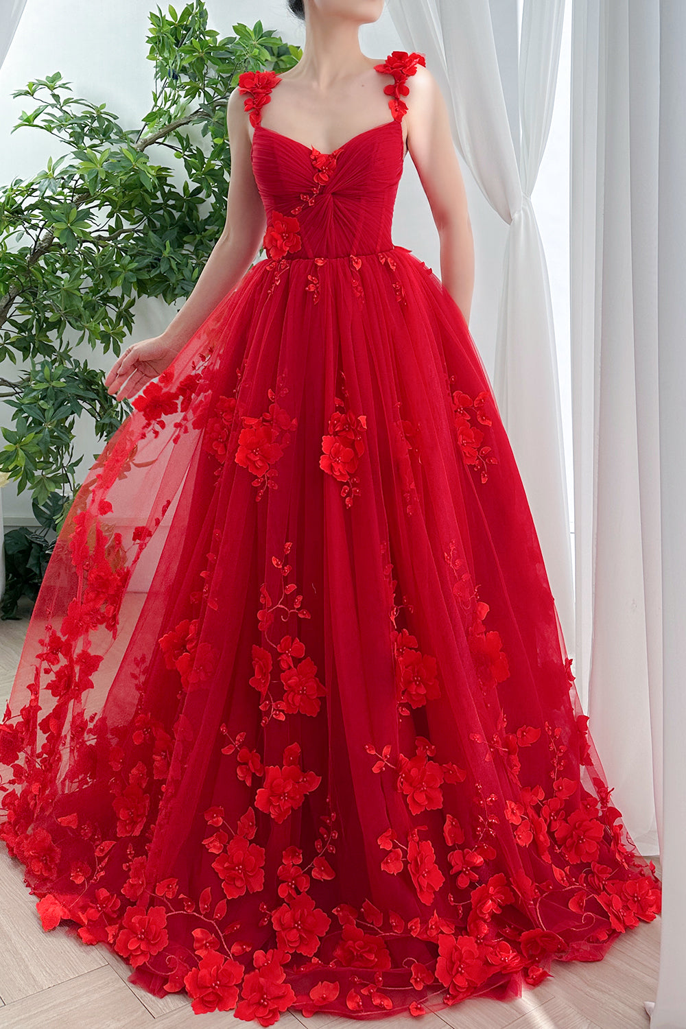 3D Floral V-Neck Corset Tiered Lace Tulle Sheath Maxi Dress With Beading Slit main image 0