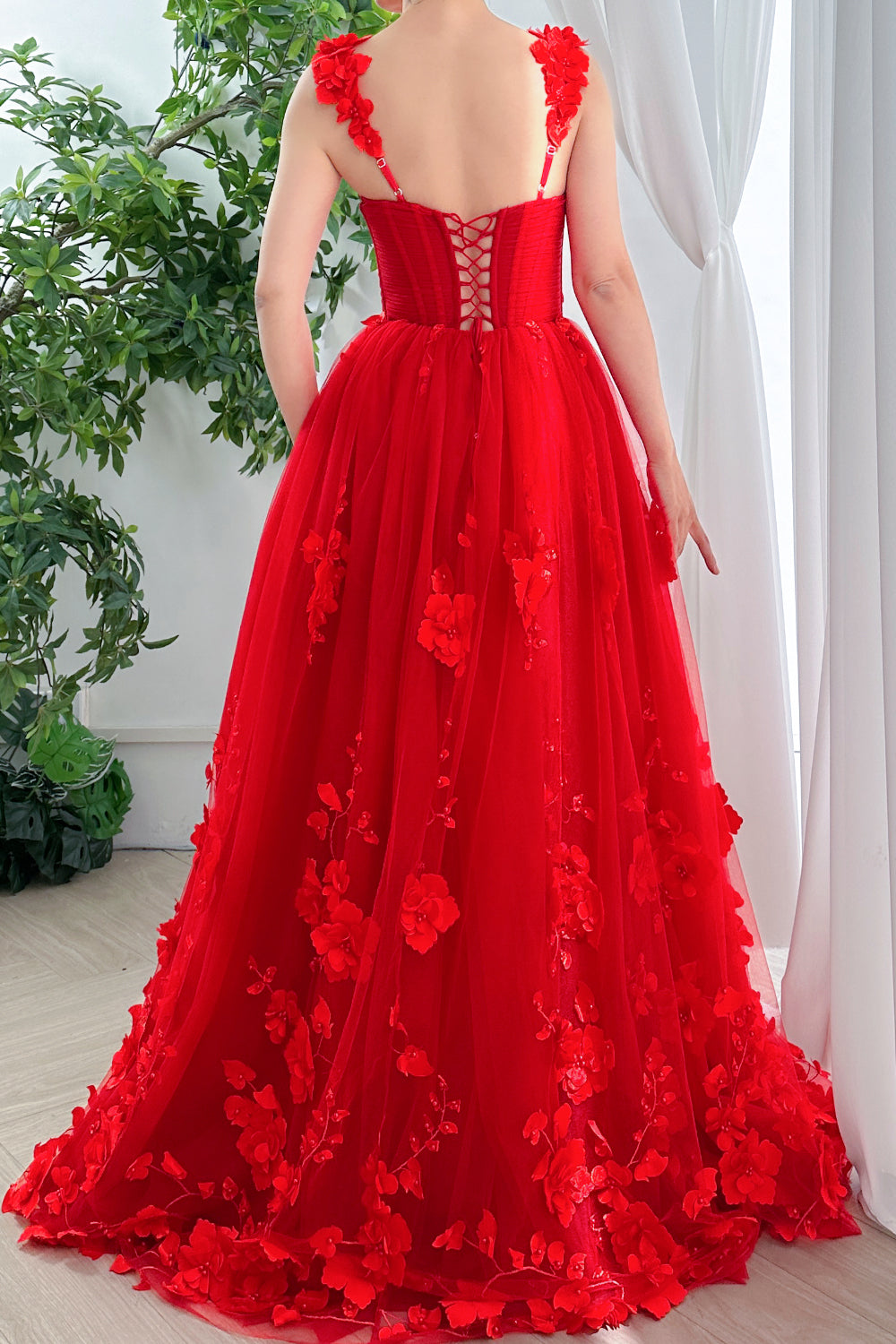 MissJophiel Corset Straps V Neck 3D Floral Dress with Lace Up Back