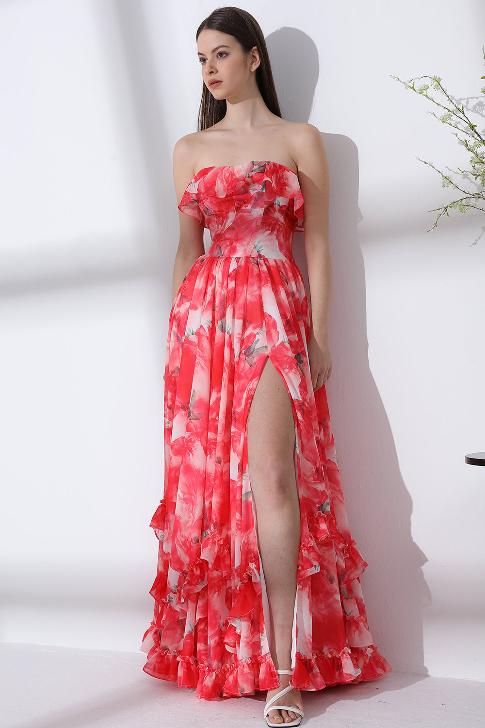 strapless corset floral ruffle dress red Strapless Corset Floral Ruffle Red Dress