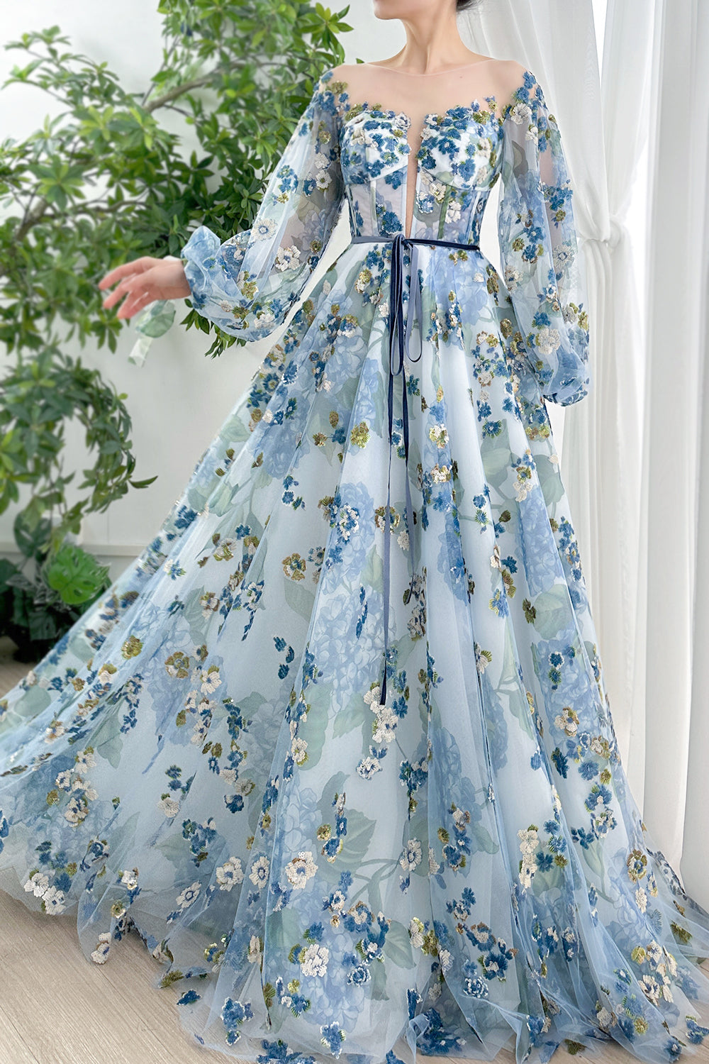 embroidery dress long sleev MissJophiel Corset Illusion long Sleeves Sequin Embroidery Dress Blue Floral / Above Knee / US6
