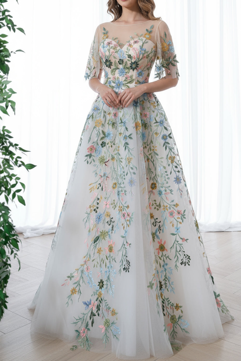 Corset Illusion Boat Neck Floral Embroidery Dress with Sleeves