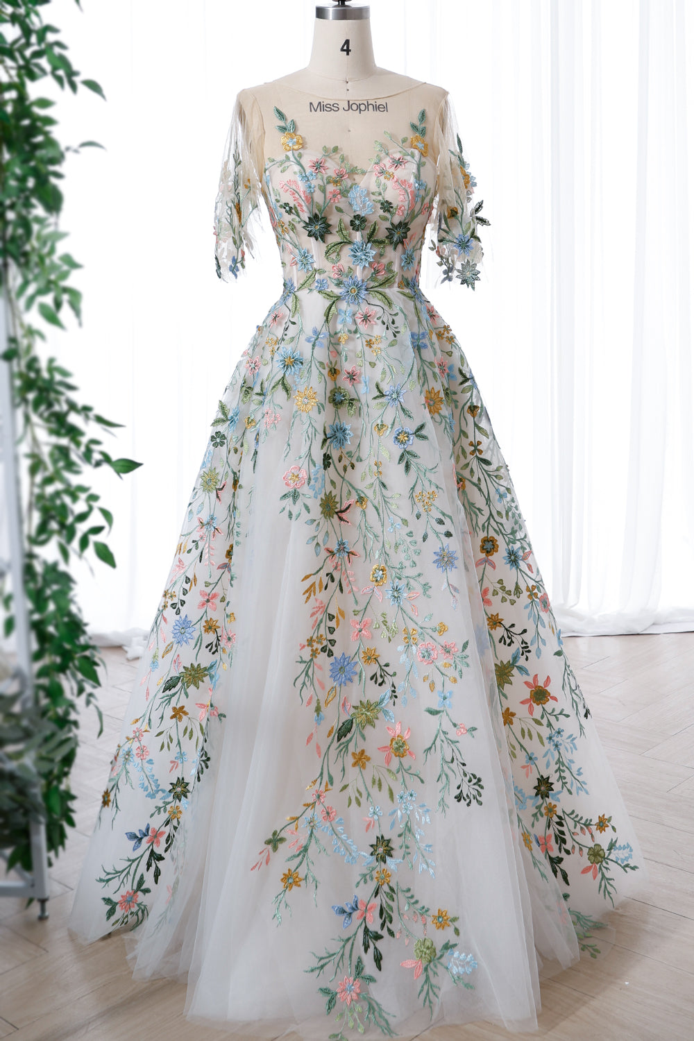 Corset Illusion Boat Neck Floral Embroidery Dress with Sleeves