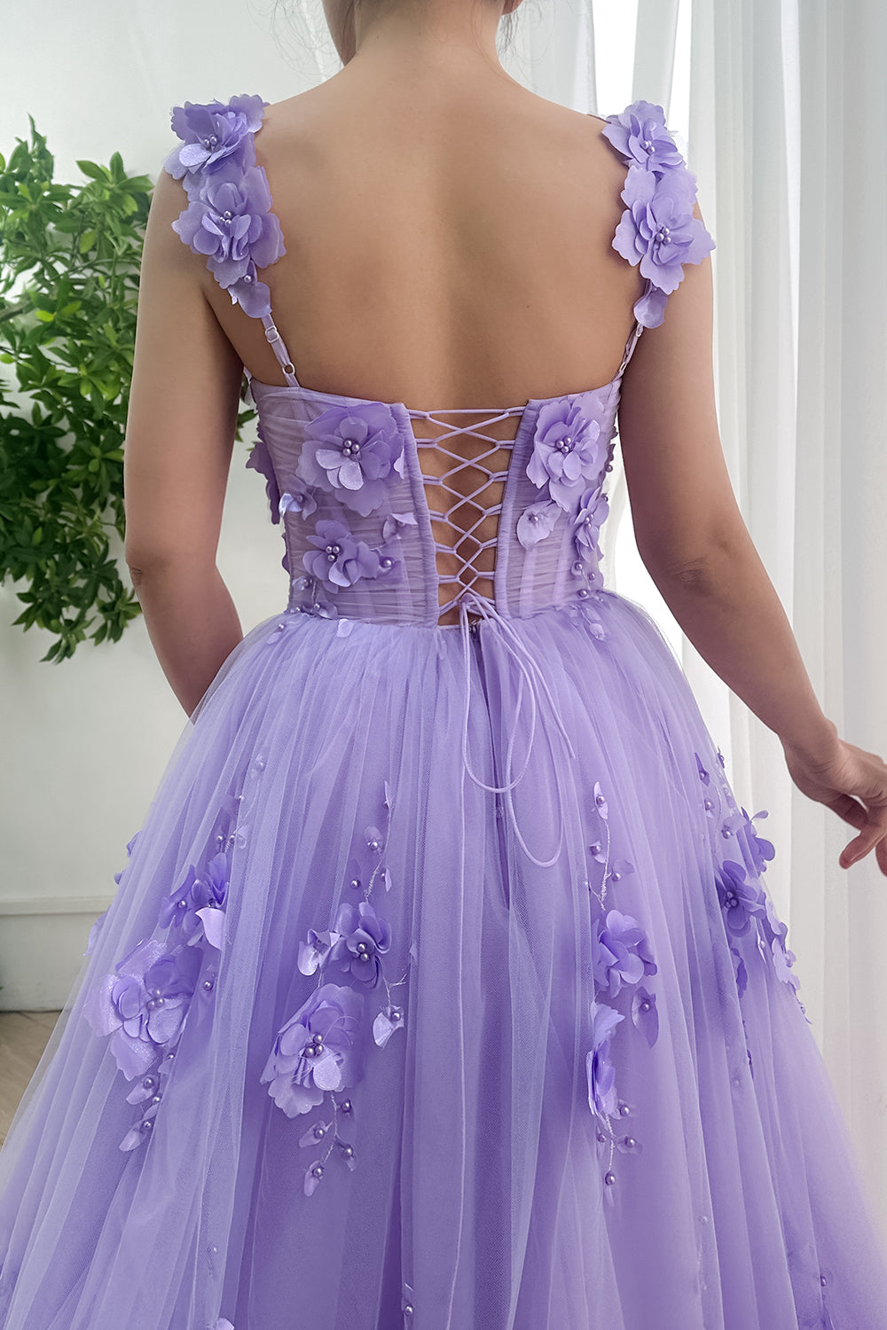 MissJophiel Corset Straps V Neck 3D Floral Lavender Dress