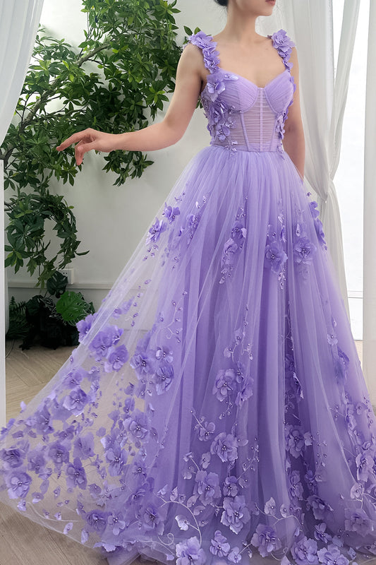 Corset Straps V Neck 3D Floral Lavender Dress
