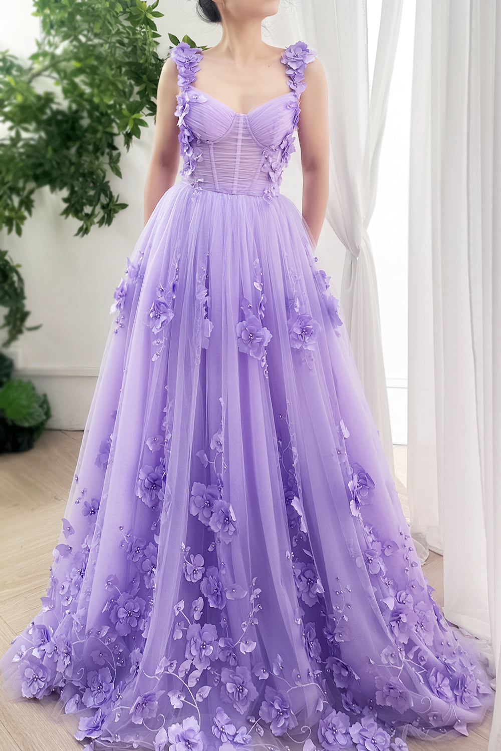 MissJophiel Corset Straps V Neck 3D Floral Lavender Dress