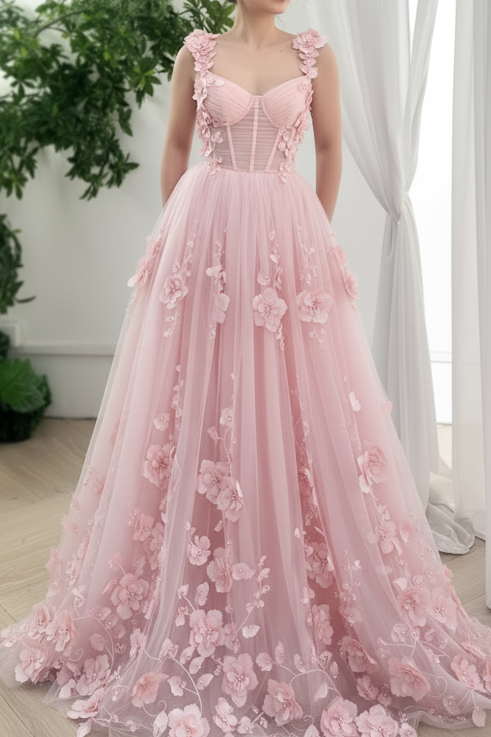 Corset Straps V Neck 3D Floral Lavender Dress