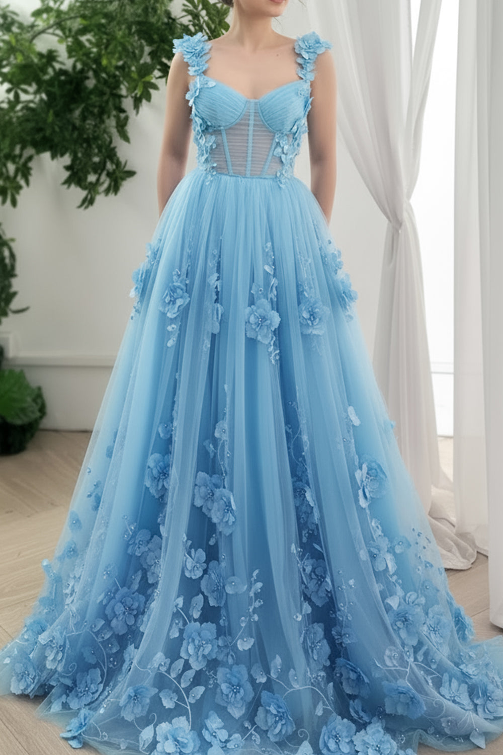 Corset Straps V Neck 3D Floral Lavender Dress