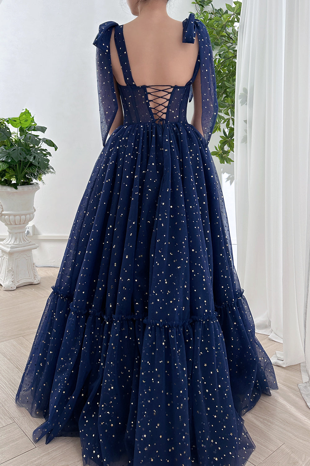 MissJophiel Corset Star Tulle Tiered Long Dress with Tie Straps MissJophiel Corset Star Tulle Tiered Long Dress with Tie Straps
