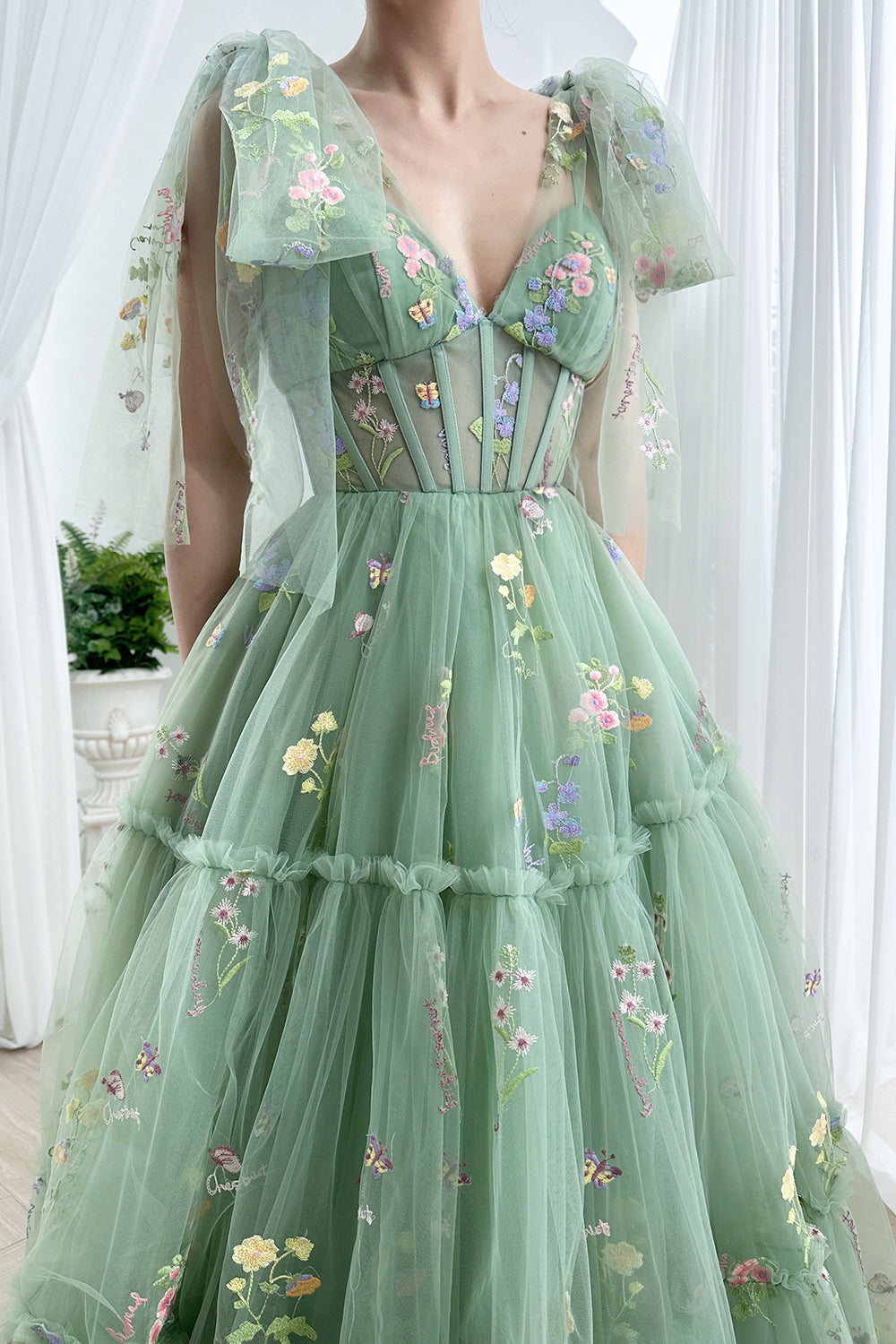 MissJophiel Infinity Corset Floral Embroidery Dress with Tie Sleeves