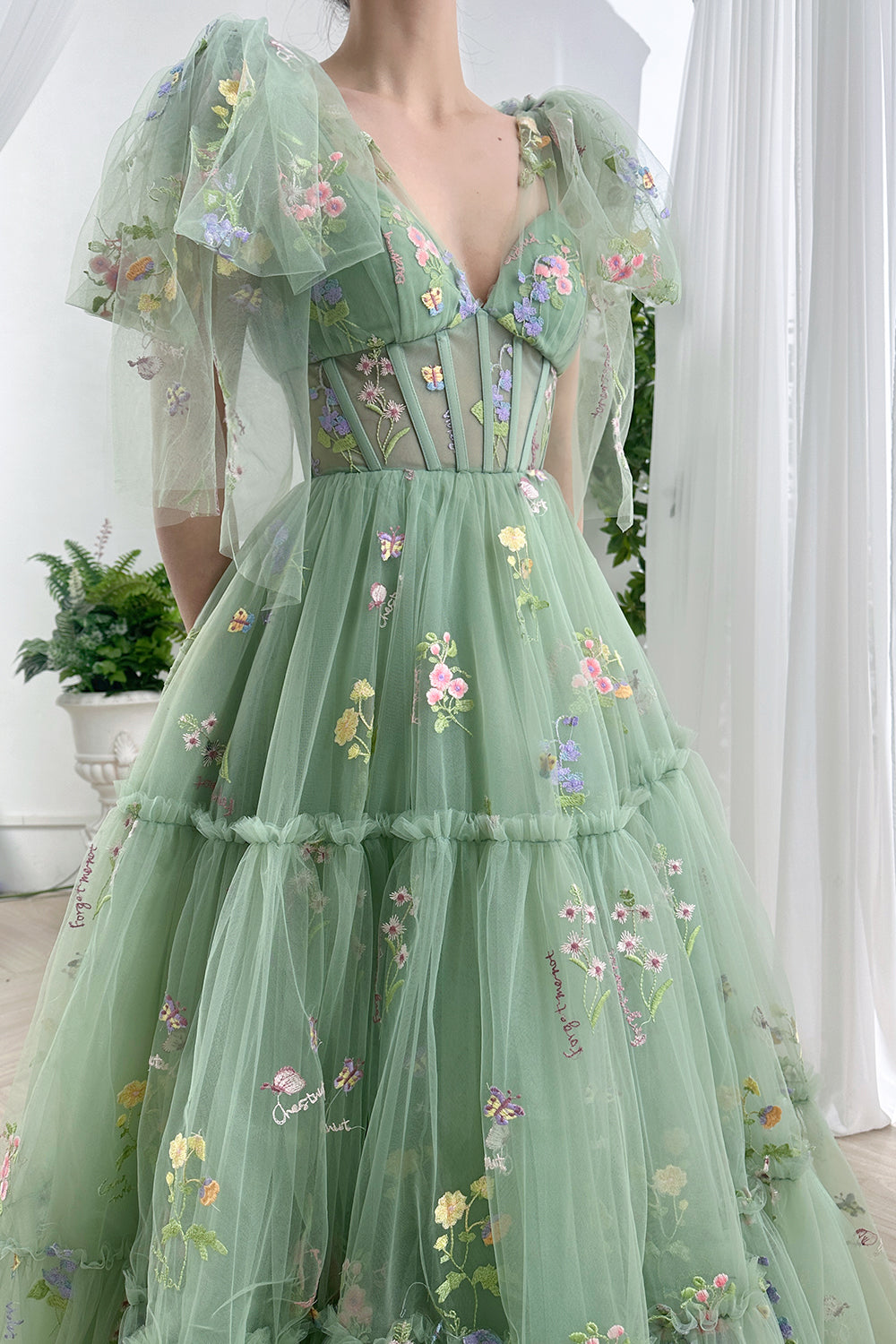 MissJophiel Infinity Corset Floral Embroidery Dress with Tie Sleeves Sage Green / Floor Length / US16 MissJophiel Infinity Corset Floral Embroidery Dress with Tie Sleeves Sage Green / Floor Length / US16