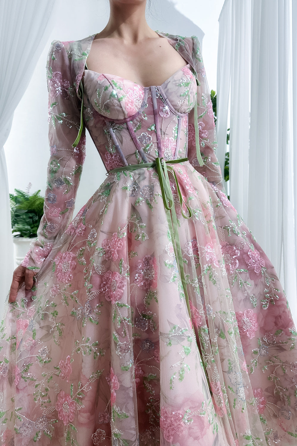 MissJophiel Corset Floral Print Beaded Tulle Midi Prom Homecoming Dress with Long Sleeves Jacket