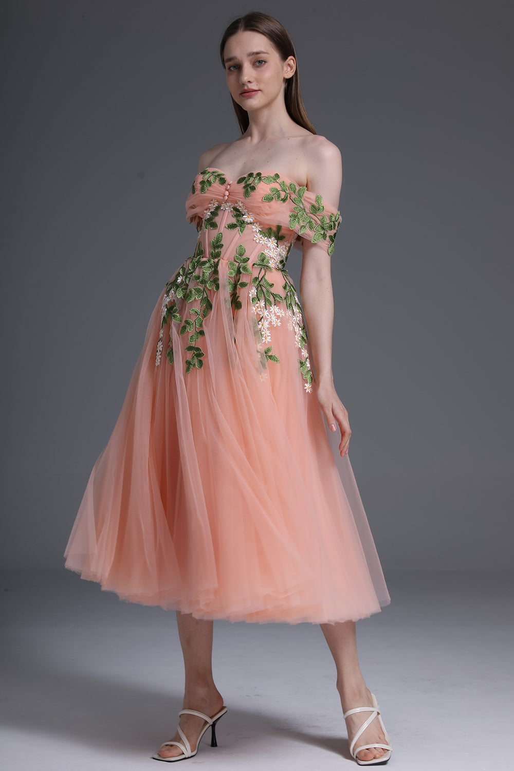 Korsett schulterfreies Tüll-Ballkleid mit Blatt-Applikationen