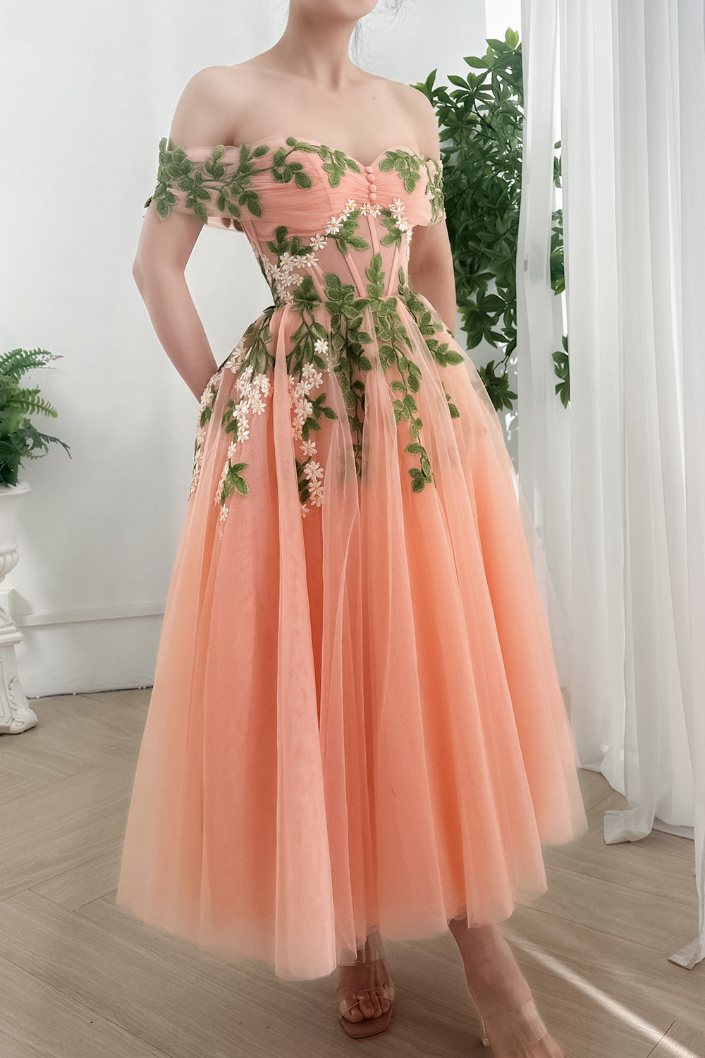 MissJophiel Corset Off the Shoulder Tulle Dress with Leaf Applique