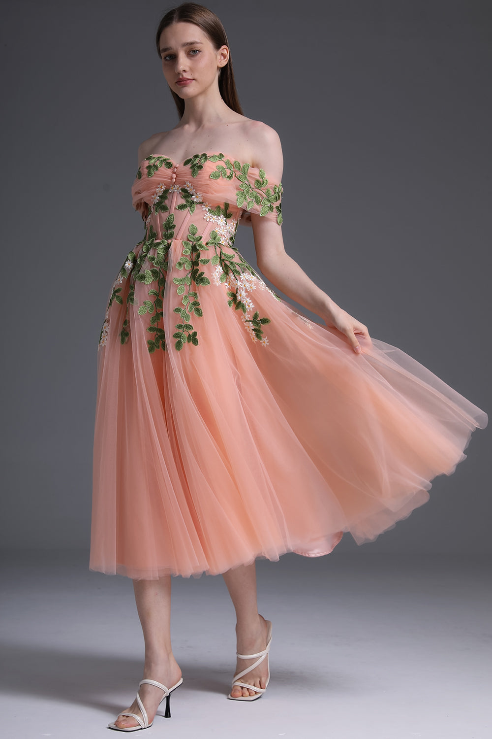 Korsett schulterfreies Tüll-Ballkleid mit Blatt-Applikationen
