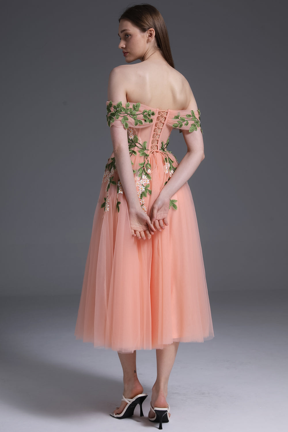 Korsett schulterfreies Tüll-Ballkleid mit Blatt-Applikationen