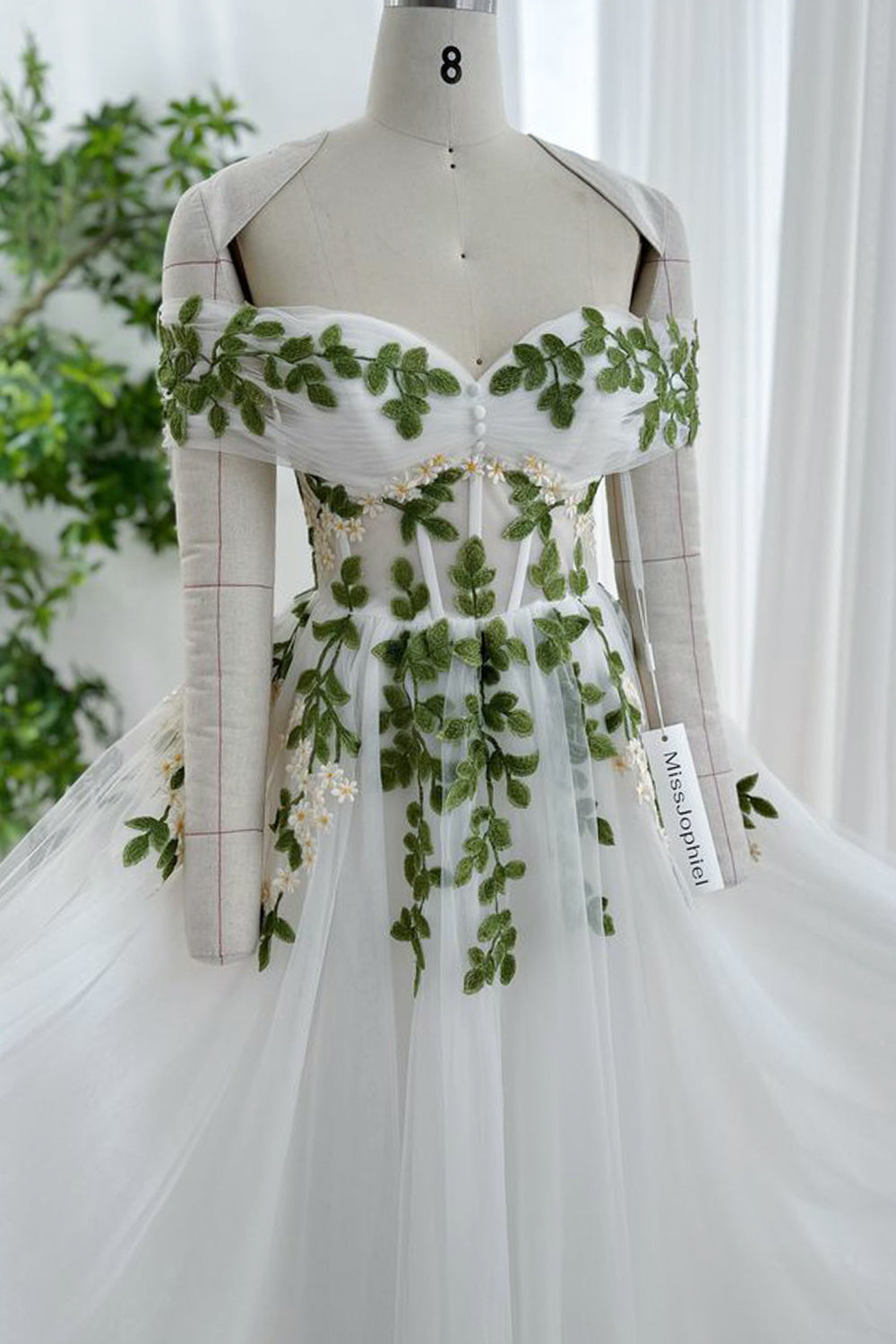 Korsett schulterfreies Tüll-Ballkleid mit Blatt-Applikationen