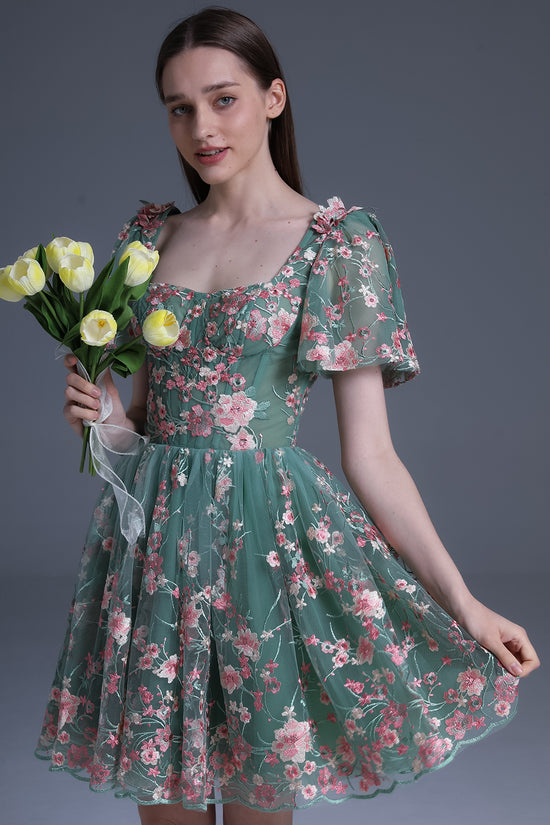 Long Sleeves Corset Floral Embroidery Mini Dress