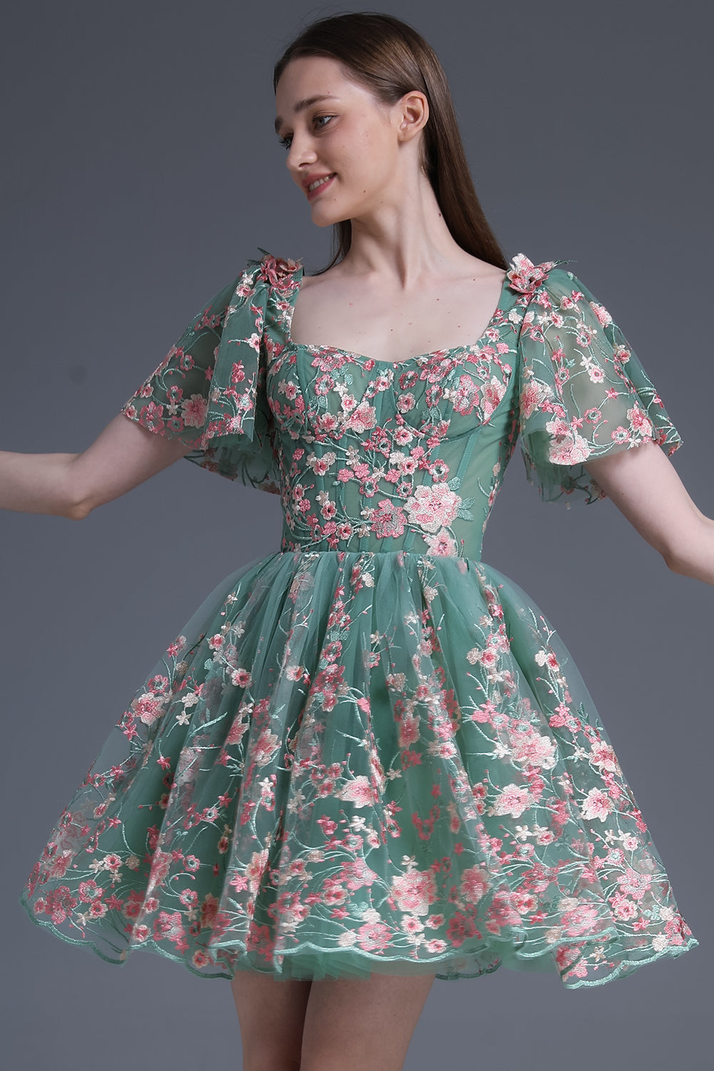MissJophiel Corset Floral Embroidery Mini Prom Homecoming Dress with Sleeves