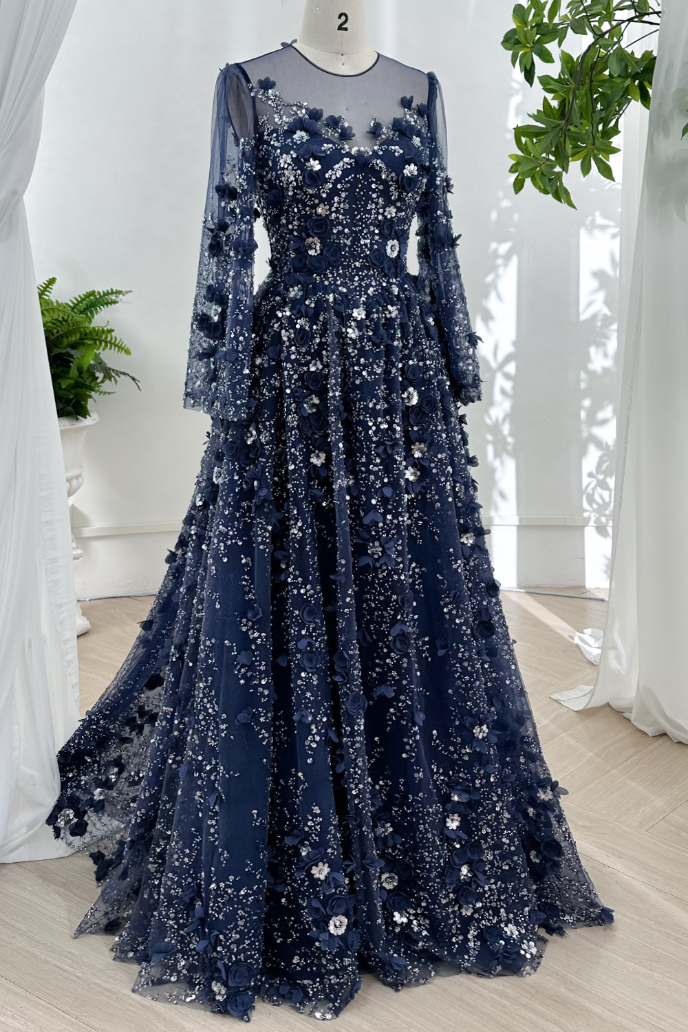 MissJophiel Long Sleeves Corset Illusion 3D Floral Beaded Dress