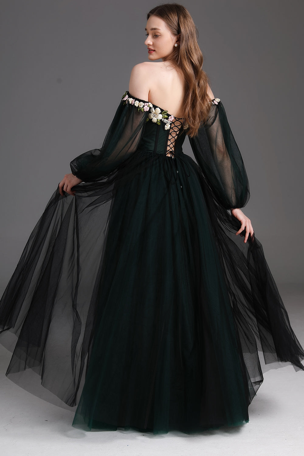 MissJophiel Corset Off the Shoulder Long Sleeves Prom Dress Black/Dark Green / Floor Length / US8 MissJophiel Corset Off the Shoulder Long Sleeves Prom Dress Black/Dark Green / Floor Length / US8