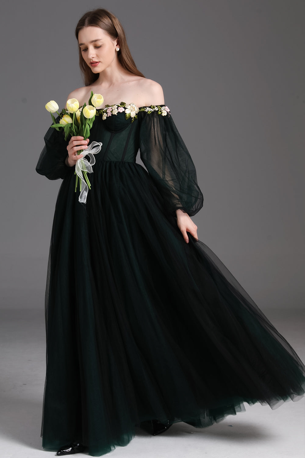 MissJophiel Corset Off the Shoulder Long Sleeves Prom Dress Black/Dark Green / Floor Length / US8 MissJophiel Corset Off the Shoulder Long Sleeves Prom Dress Black/Dark Green / Floor Length / US8