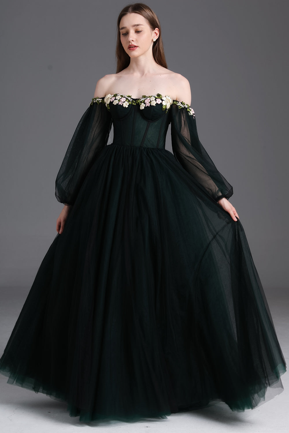 Long sleeve off shoulder mesh corset maxi dress main image 0