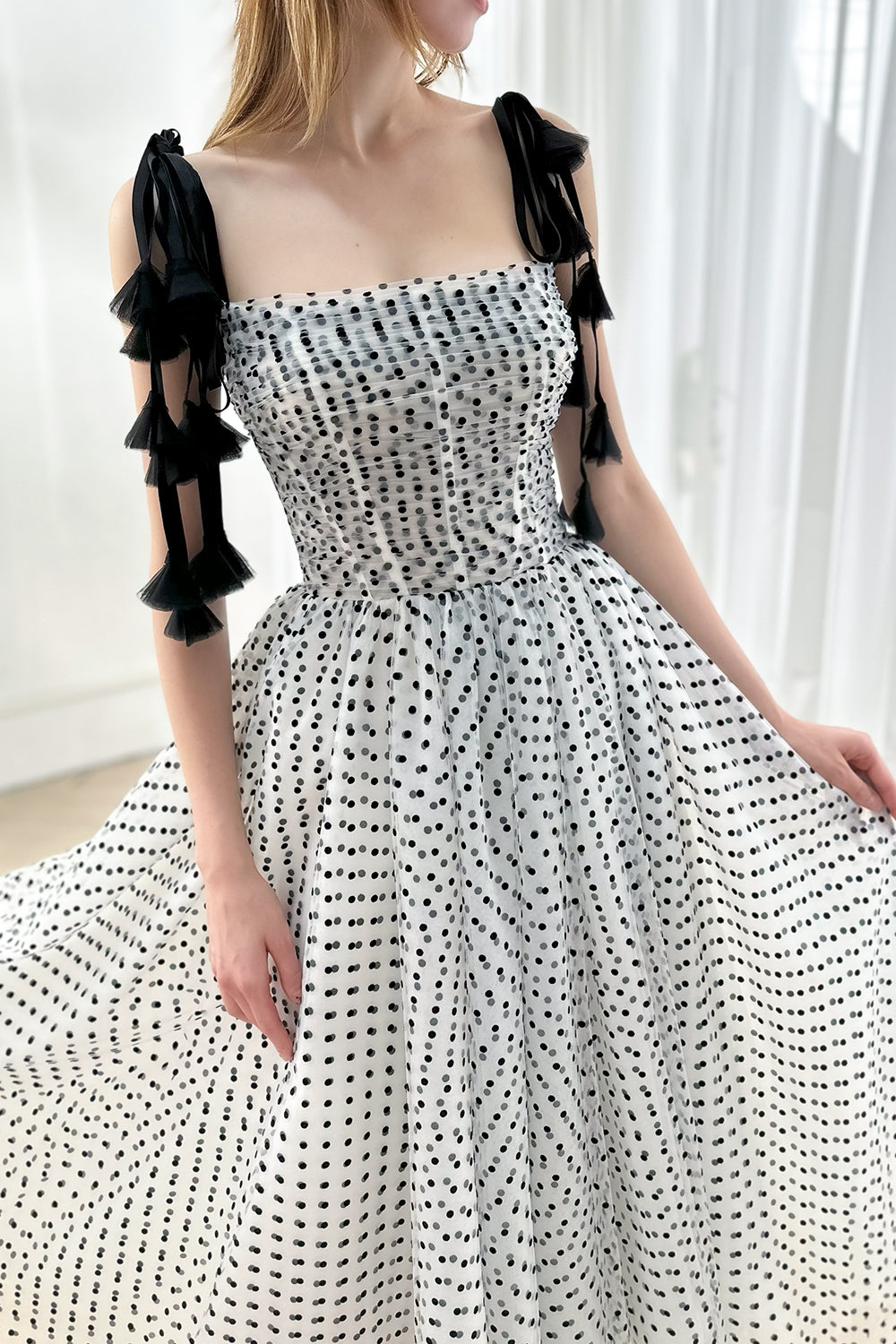 dotted midi corset dress MissJophiel Corset Tie Straps Black Polka Dot Midi Dress Other / Floor Length / US16
