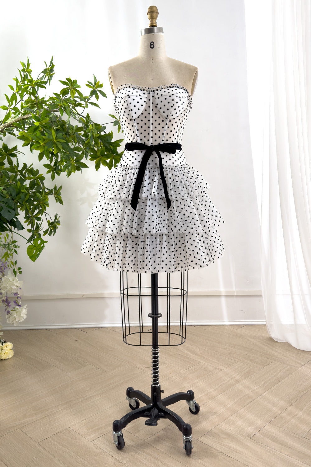 Corset Strapless Black Polka Dot Tiered Dress