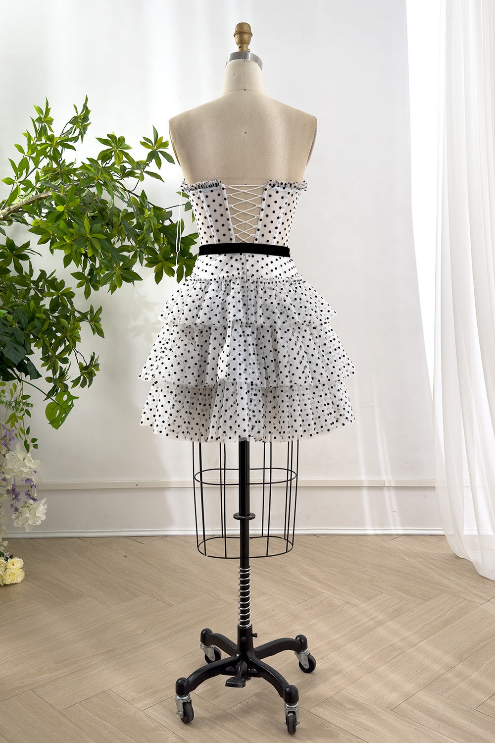 Corset Strapless Black Polka Dot Tiered Dress