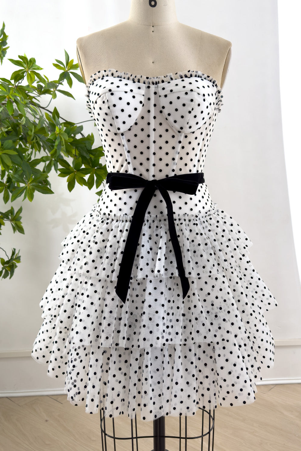 Corset Strapless Black Polka Dot Tiered Dress