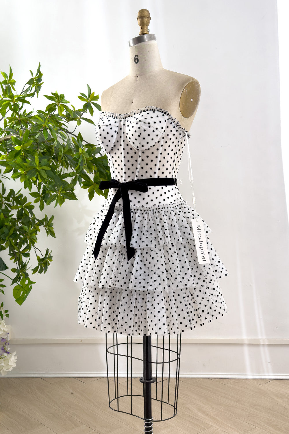 Corset Strapless Black Polka Dot Tiered Dress